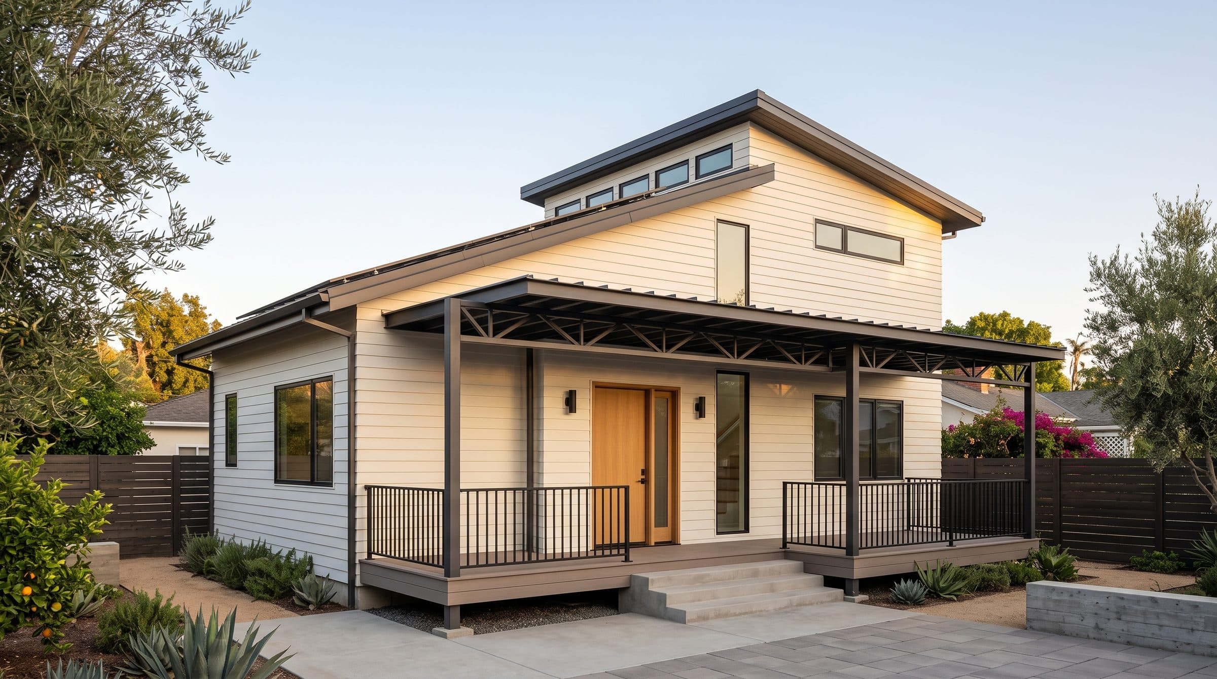 The Grand, a detached two-story LyteMods ADU with a clerestory roofline and covered front porch