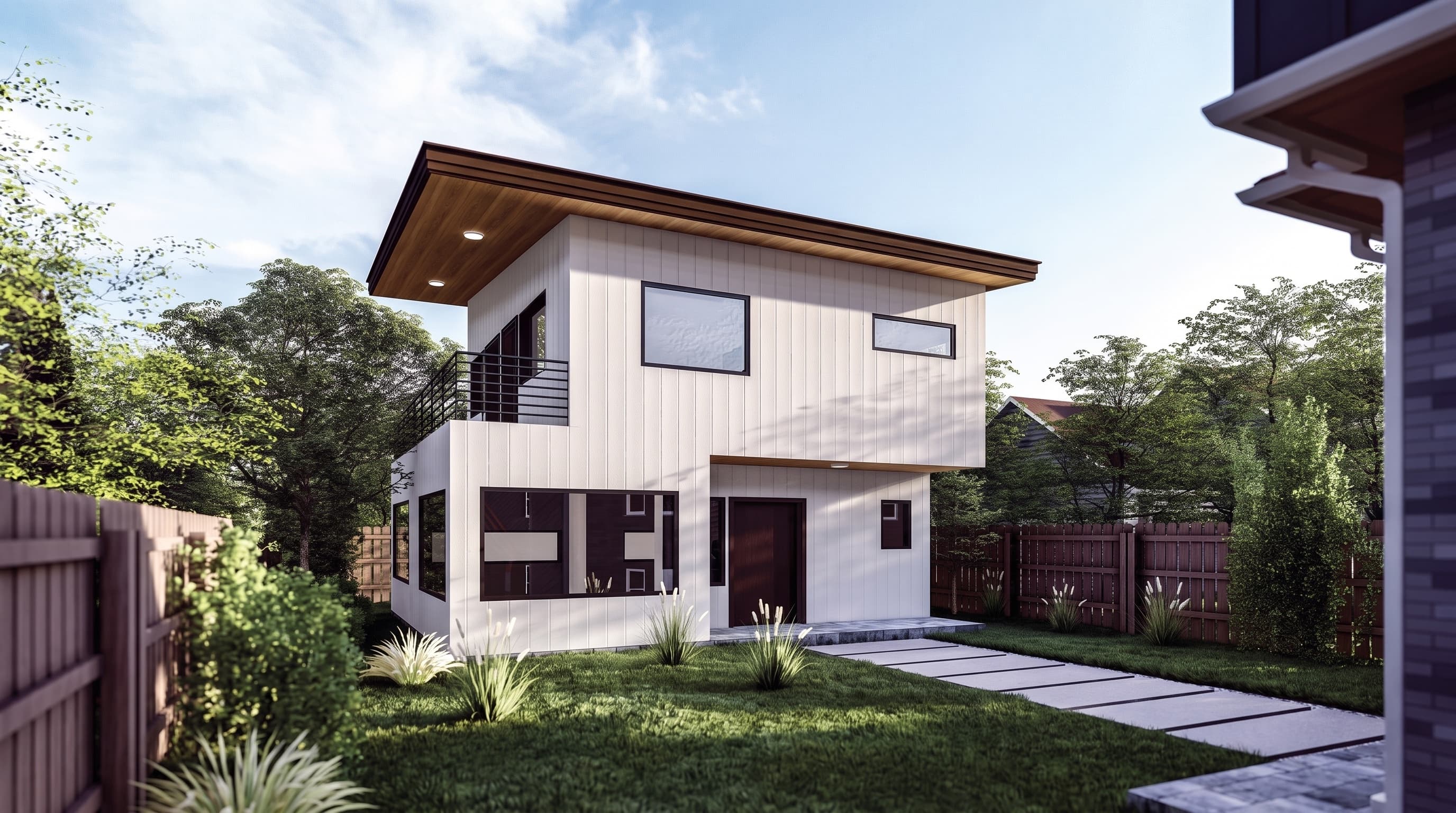 A two-story steel-framed LyteMods ADU with a cantilevered wood-soffit roof, upstairs balcony, and white vertical siding, set in a landscaped backyard with a paver walkway