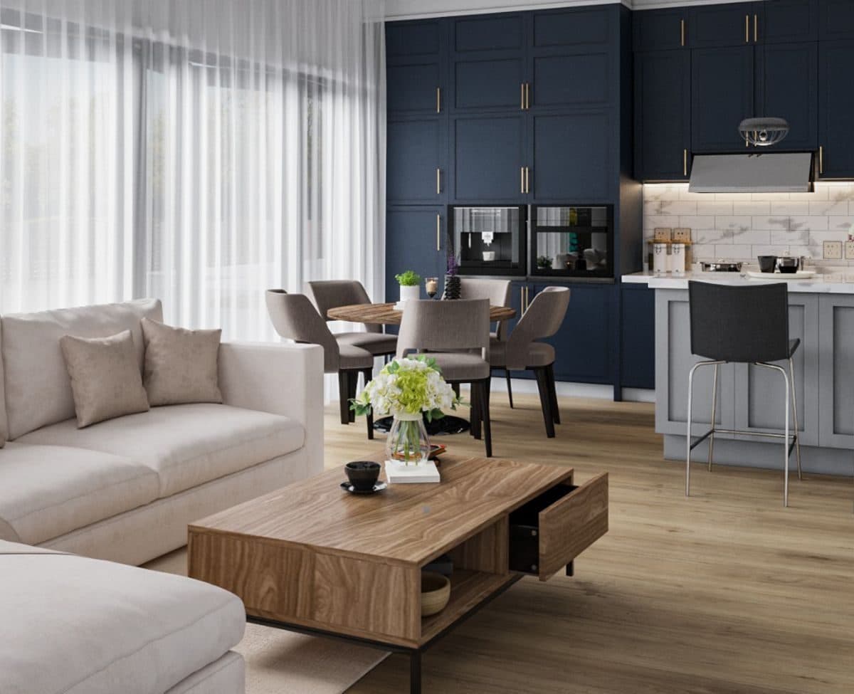 A finished, move-in-ready LyteMods open-plan living and kitchen
