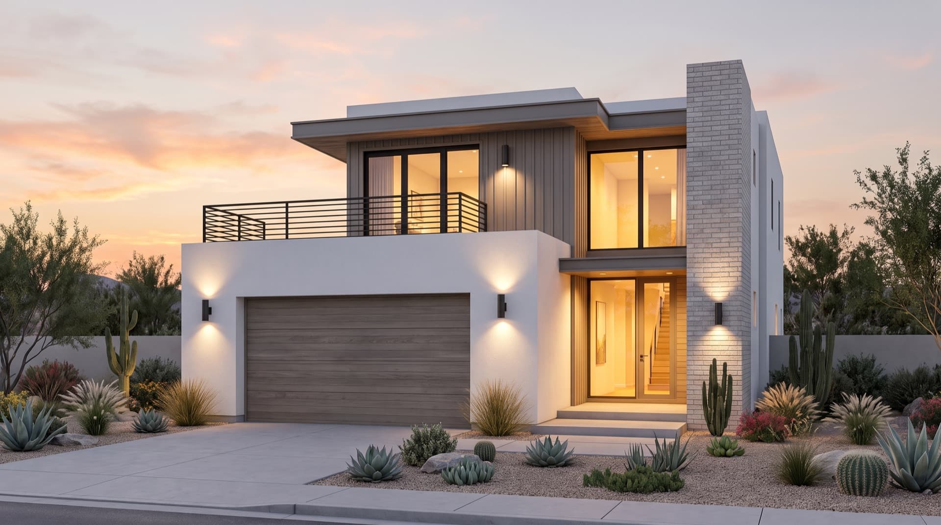 The Carmel, a modern two-story LyteMods home glowing at dusk with desert landscaping