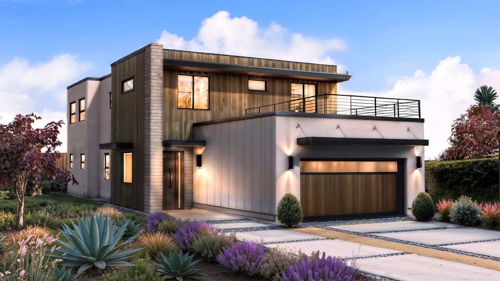 Rendering of The Monterey, a two-story modern luxury home by LyteMods, at dusk