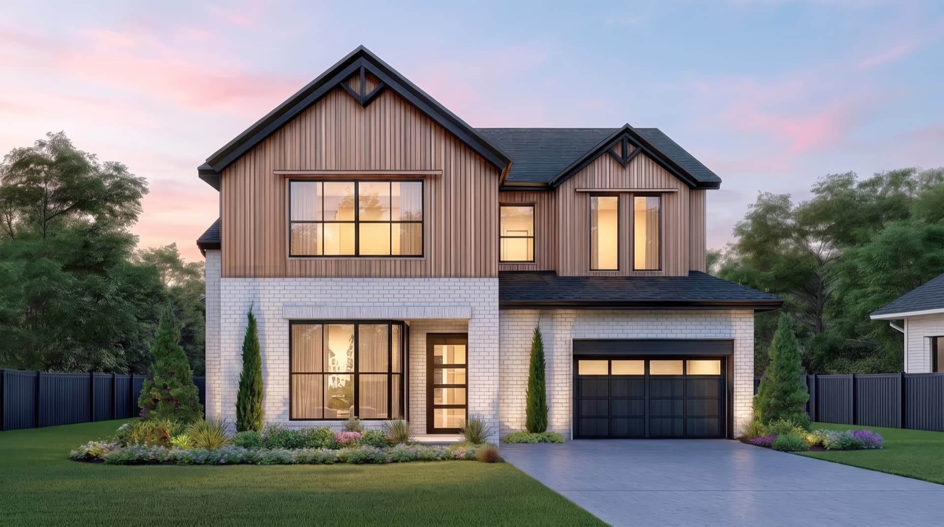The Sonoma, a two-story modern-farmhouse LyteMods home lit warmly at twilight