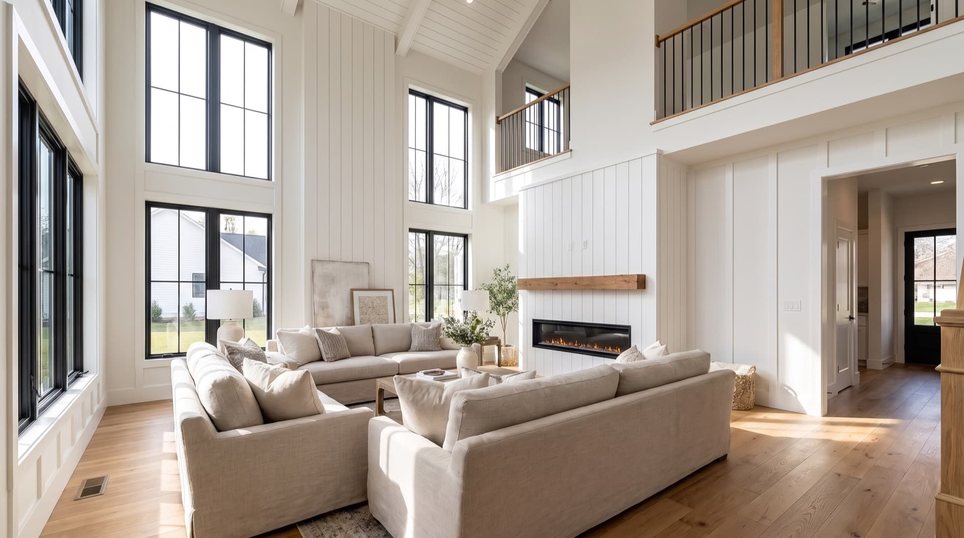 Light-filled double-height great room in a LyteMods luxury home, with a linear fireplace and floor-to-ceiling windows