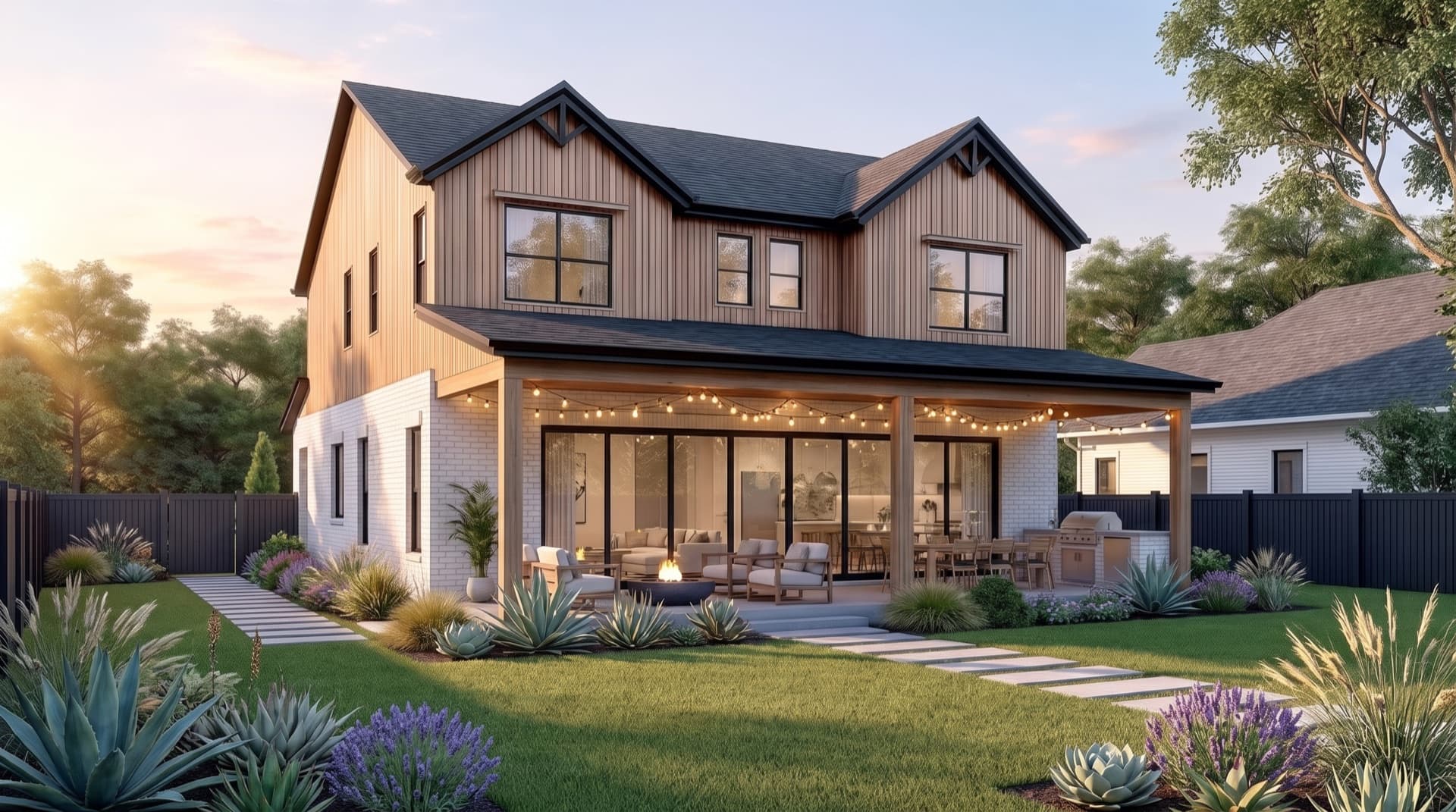 Rendering of The Sonoma by LyteMods, backyard with a covered patio, fire pit, and landscaped yard at golden hour